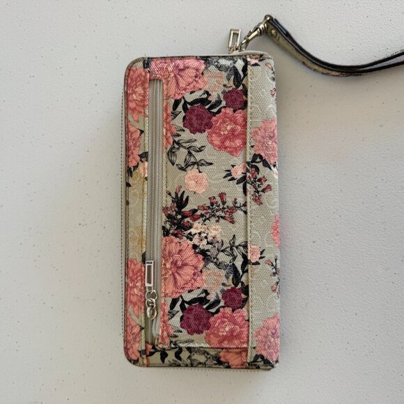 GUESS Floral Wristlet Wallet – Zip-Around Pink & Burgundy Flowers - Picture 2 of 4